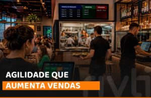 Equipe de restaurante operando atendimento ágil com fluxo organizado entre salão, bar e cozinha utilizando tecnologia para aumentar produtividade.