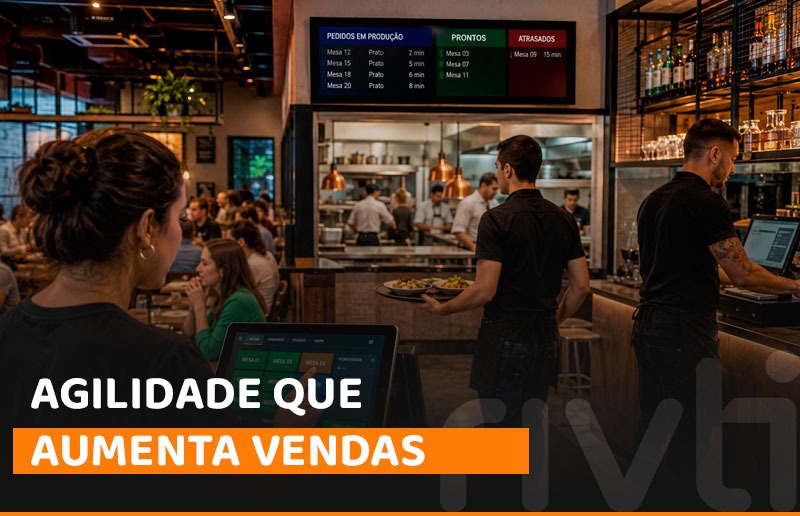 Equipe de restaurante operando atendimento ágil com fluxo organizado entre salão, bar e cozinha utilizando tecnologia para aumentar produtividade.