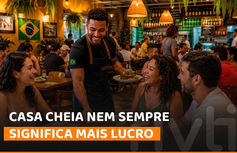 Restaurante movimentado com equipe atendendo clientes e indicadores financeiros em destaque, representando a relação entre eficiência operacional e lucratividade no setor de alimentação.