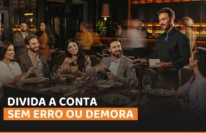 Grupo divide a conta em restaurante enquanto garçom utiliza terminal de pagamento