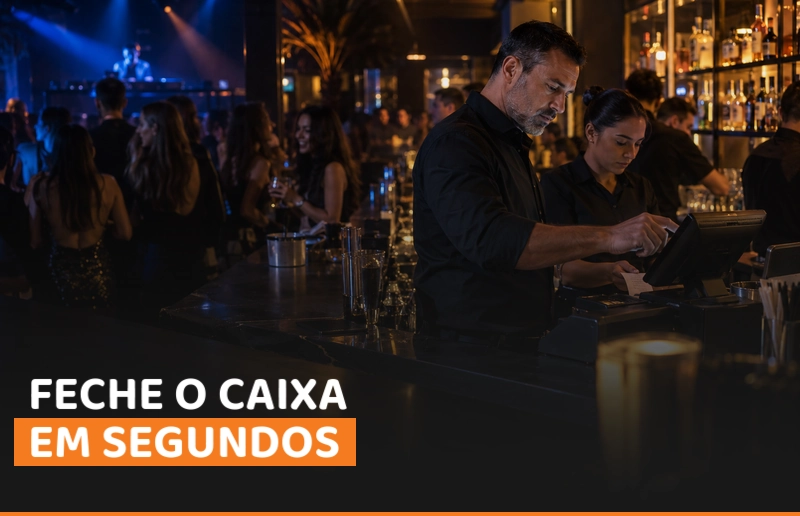 Supervisor e caixa conferem o fechamento em terminal PDV durante a operação de uma balada