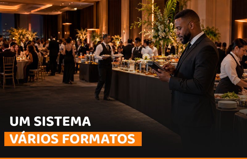 Gestor utiliza terminal móvel durante evento de hotel com buffet e equipe em atendimento